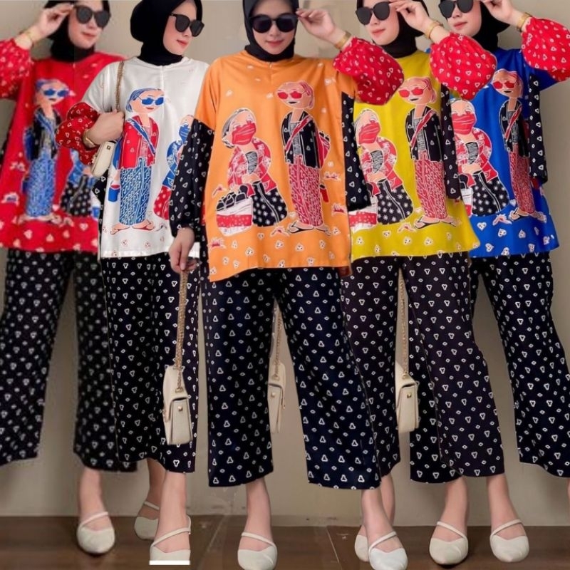 Semerbak Setelan wanita rayon halus celana blus lengan balon kombinasi Batik polos kain adem atasan 