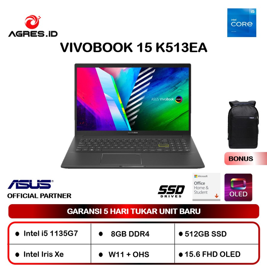 ASUS Vivobook 15 K513EA OLED Core i5 1135G7 8GB 512SSD IRISXE W11+OHS