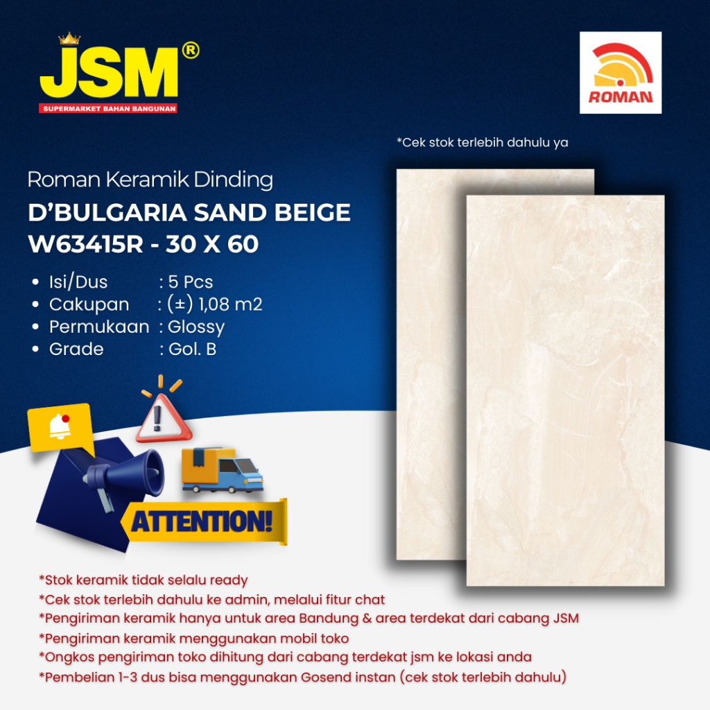 Roman Keramik Dinding D'Bulgaria Sand Glossy W63415R 30x60 Gol. B - JSM Supermarket Bahan Bangunan