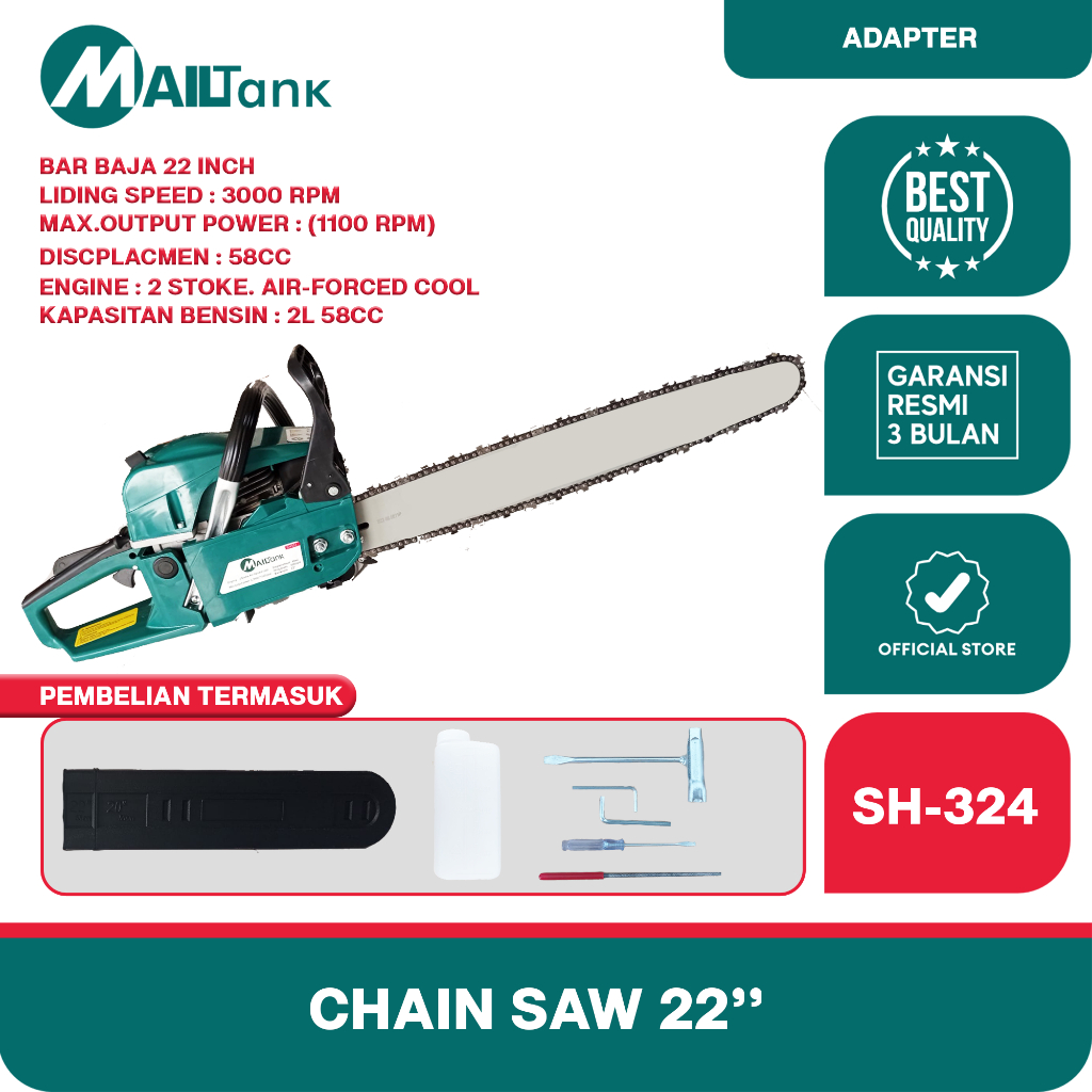 Mailtank SH324 Mesin Potong Kayu Mesin Chainsaw 2Tak 22inch Gergaji Potong Pohon Kayu Gergaji mesin 