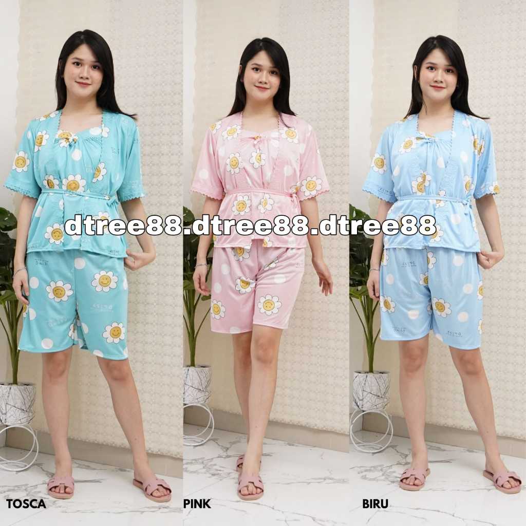 Dtree . Setelan hotpant  lingerie satin ice silk motif Daisy / set celana pendek kimono lingerie(370