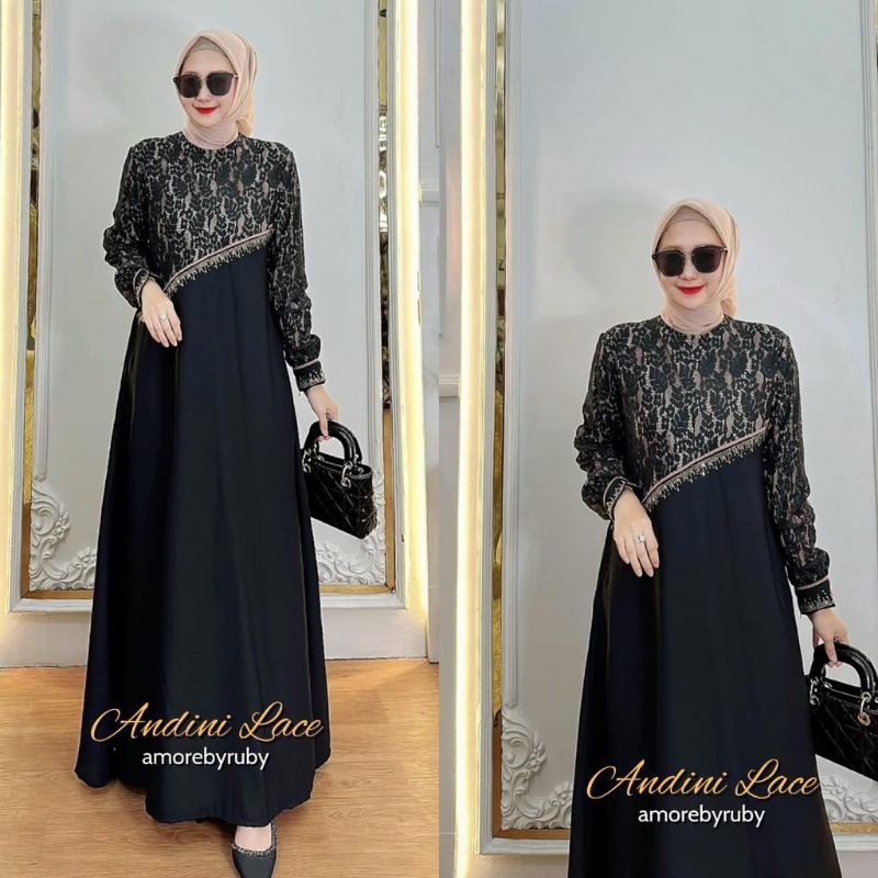 ANDINI LACE AMORE BY RUBY GAMIS HITAM REMAJA/DEWASA TERBARU BRUKAT IMPORT PREMIUM