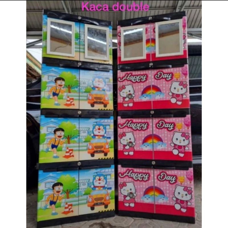 Lemari Mini Anak Motif Hello Kitty/Doraemon 3 Susun dan 4 Susun Kaca +Kunci