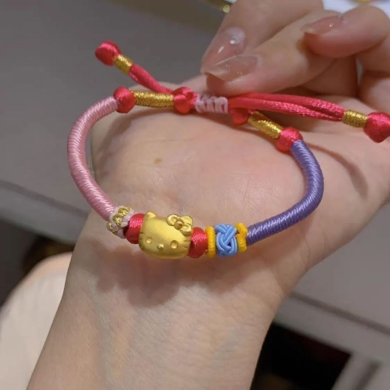 gelang tali cina keberuntungan motif/charm kepala hello kitty sanrio variasi emas asli 23k 24k hongk