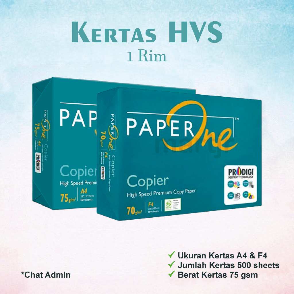 

Kertas HVS Paper One 1 rim isi 500 lembar ukuran A4 dan F4 berat 75 gsm