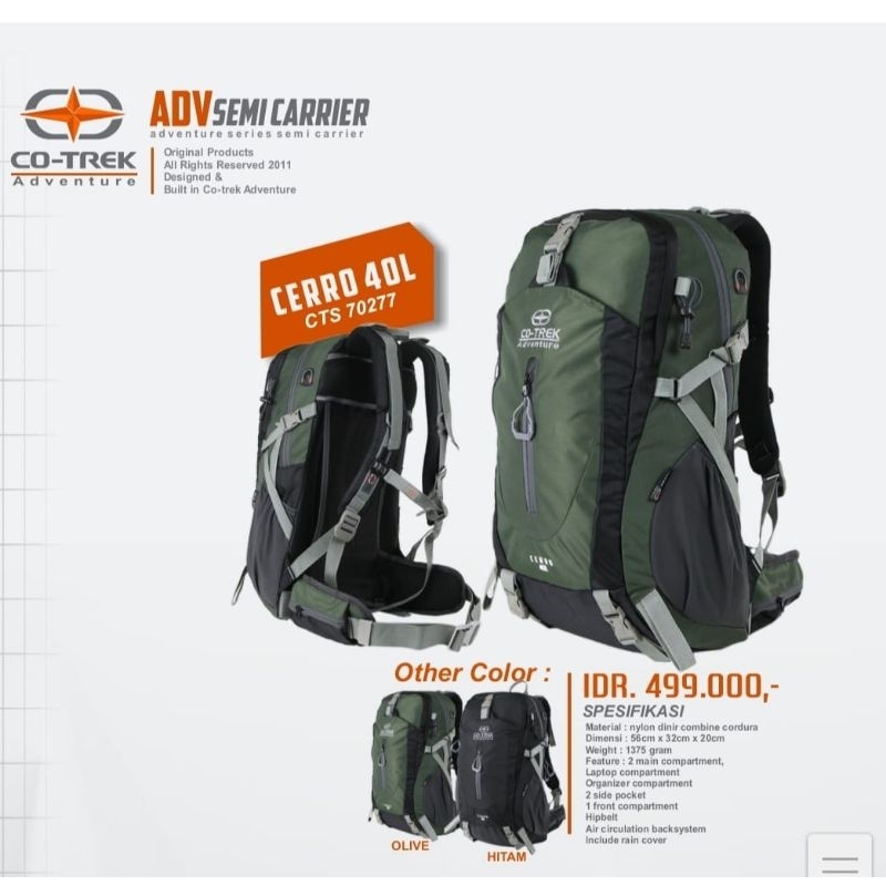 SEMI CERRIER CO-TREK  NEW CERRO 40L FREE RAIN COVER