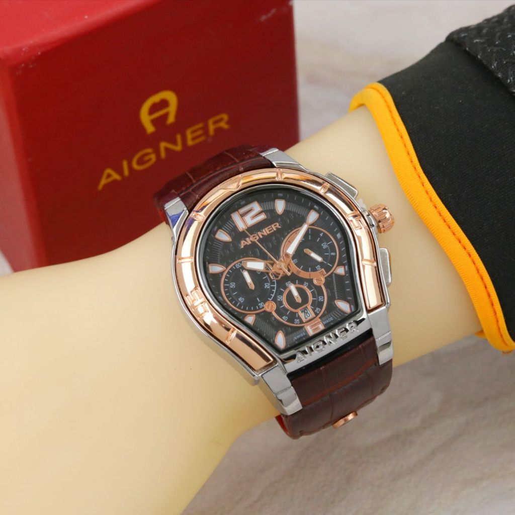 ( BISA COD ) Jam Tangan Pria AIGNER Palermo Kulit Chrono aktif Tanggal Aktif Include BOX Original Ja