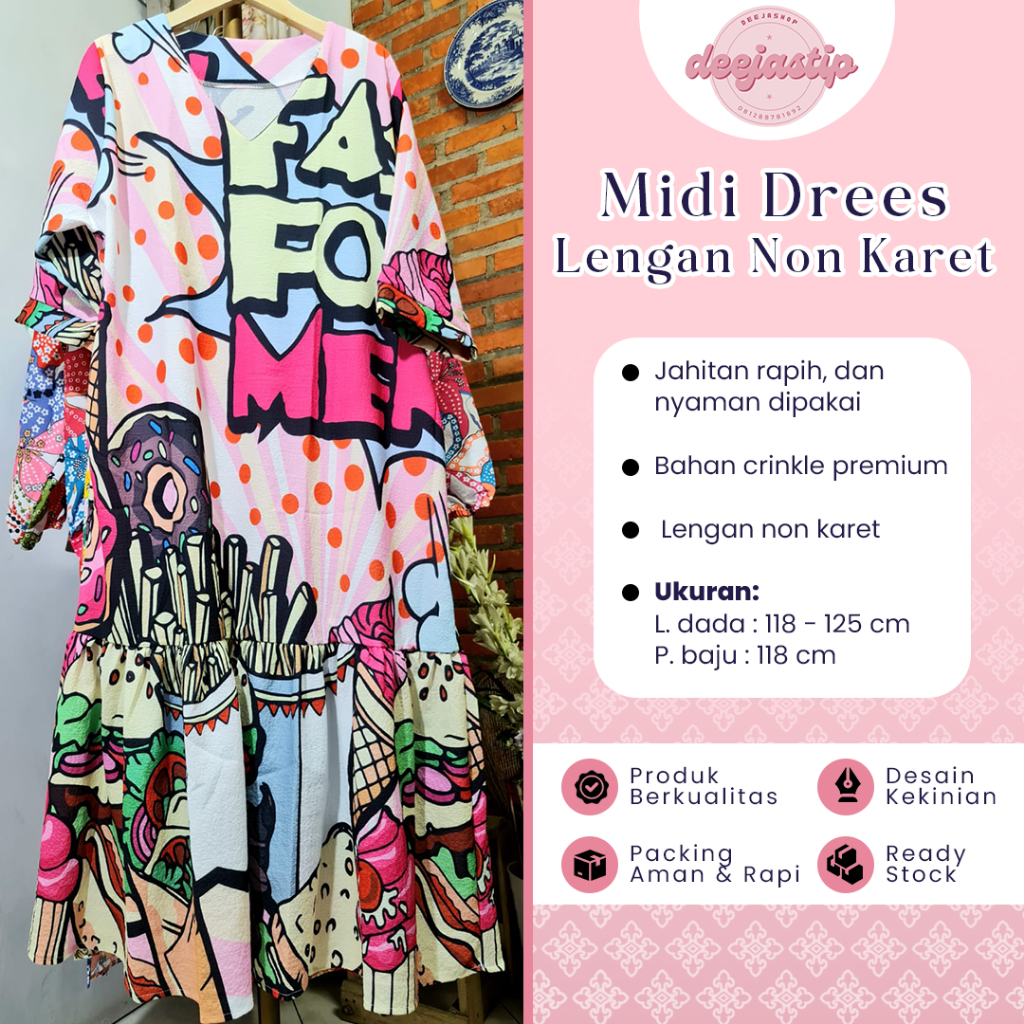 Midi Drees Wanita Kekinan Long Dres Bahan Crinkle Premium Lengan Non Karet Casual Outfit