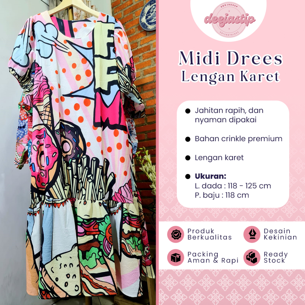 Dress Wanita Lengan Panjang Kekinian Midi Dres Casual Outfit Bahan Crinkle Premium Import Bangkok
