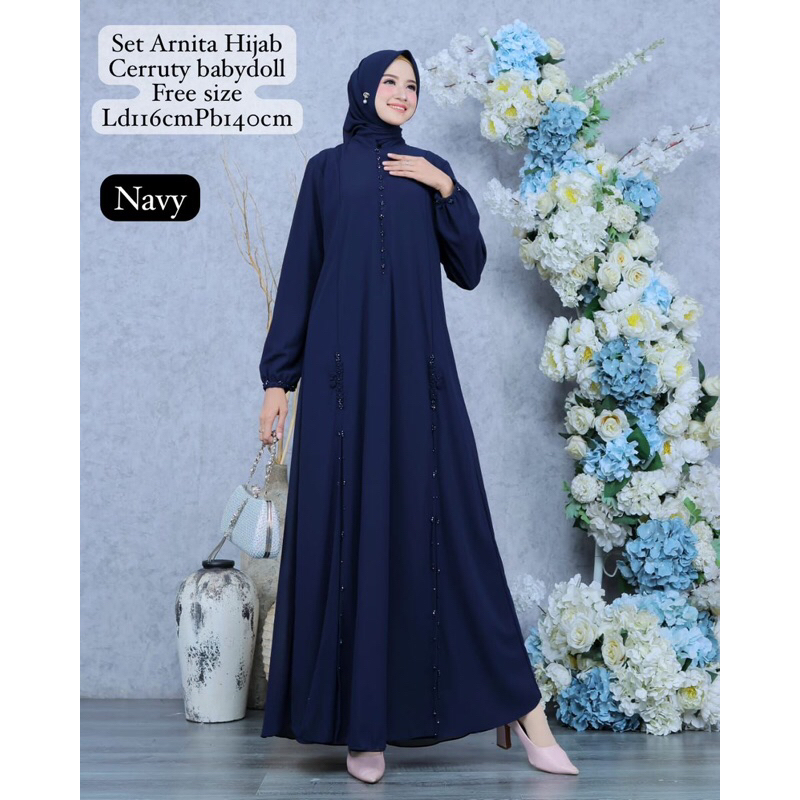 Dress Arnita Set Hijab Dress Putih Hitam Nude Lime Maroon Sage Dusty Gamis Muslimah Lebaran Kondanga