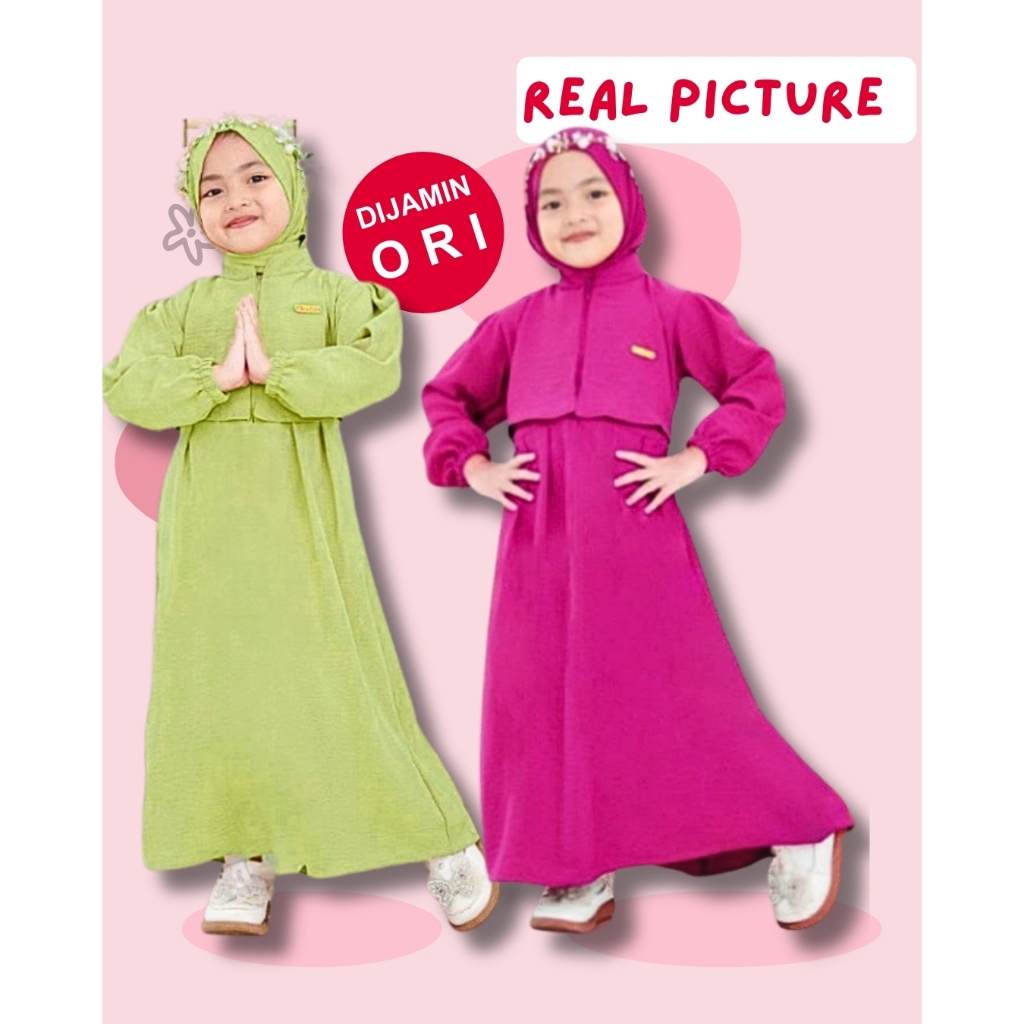 One Set Gamis Anak Perempuan Syari Crincle Airflow Adiva Free Khimar 3 - 9 Tahun / Baju Setelan Gami