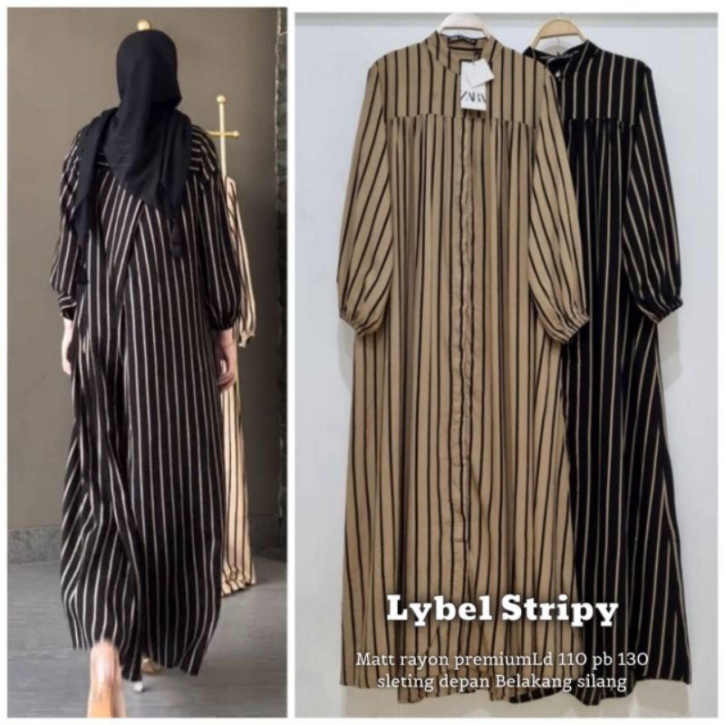 Lybel Midi Dress Stripy Garis Salur Fashion Perempuan Dewasa Remaja Cewek Putri Ibu Modern Terbaru Pakaian Tanggung Muslimah Busana Santai Sehari hari Modis Simple Nyaman Kekinian Jalan Gaul Viral Baju Gamis Wanita Muslim Rayon Cantik Silang Belakang COD