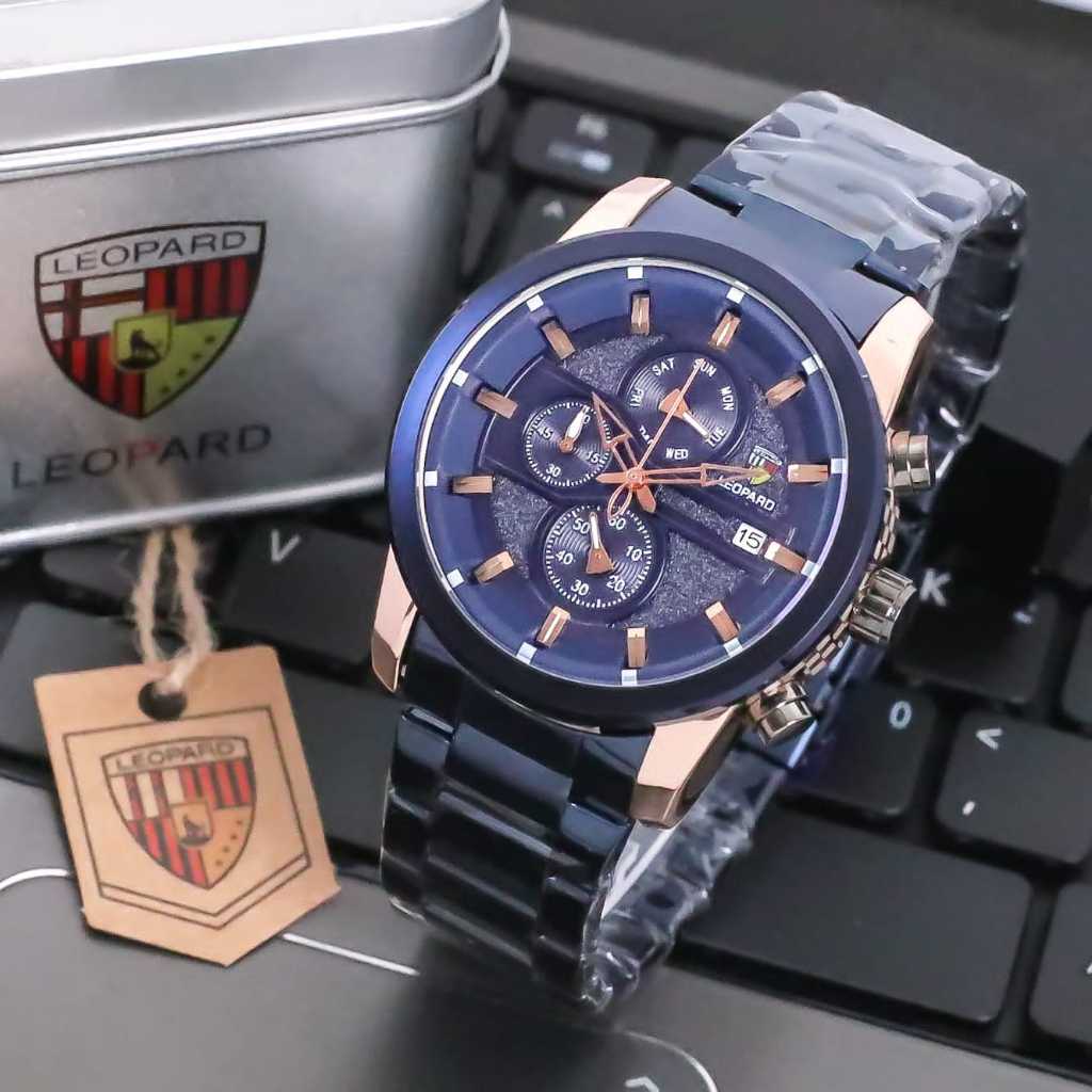 Jam Tangan Pria Leopard-8805 Original Tali Rantai Body Bulat Chrono Tanggal Aktif Box Exclusive