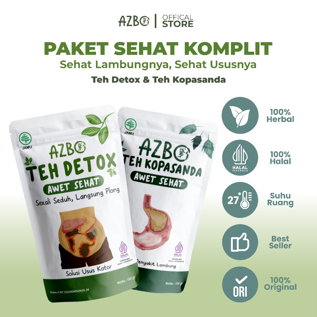 

[Paket Komplit] AZBO Teh Detox (Cuci Usus) dan Teh Kopasanda (Anti Asam Lambung)