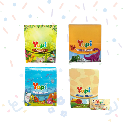 

YUPI PERMEN JELLY BOX ISI 24 DINOLAND/JUNGLE FUN/MILLY MOOS/SEA WORLD