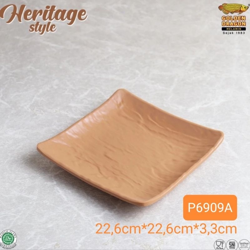 Grosir Melamin P6909A Piring melamin kotak 9 Inch relief batu golden dragon