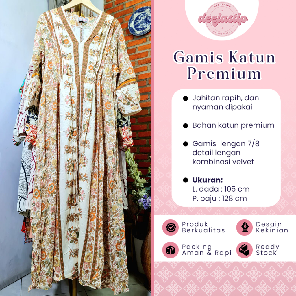 Gamis Katun Premium Lengan 7/8 LD 105 Dress Baju Perempuan Fashion Muslimah Import Bangkok