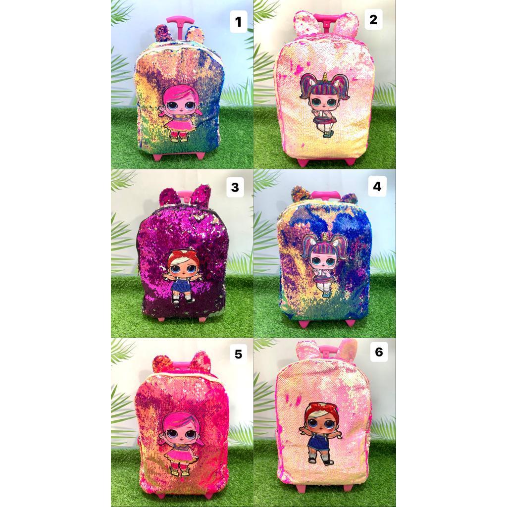 Tas Trolly Anak Ransel Sekolah SD 16" Motif Full Sequin Kartun lol / Tas Roda Traveling Anak Realpic