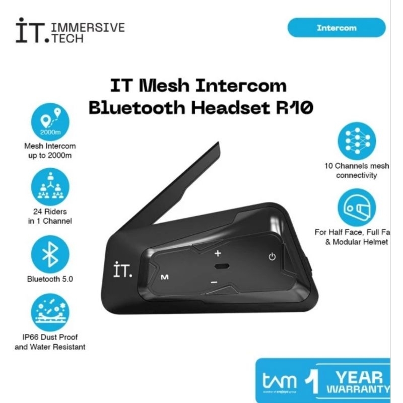 Intercom IT E1 R8 Garansi Resmi TAM Bluetooth Riding Headset untuk Helm Half Face dan Helm Full Face