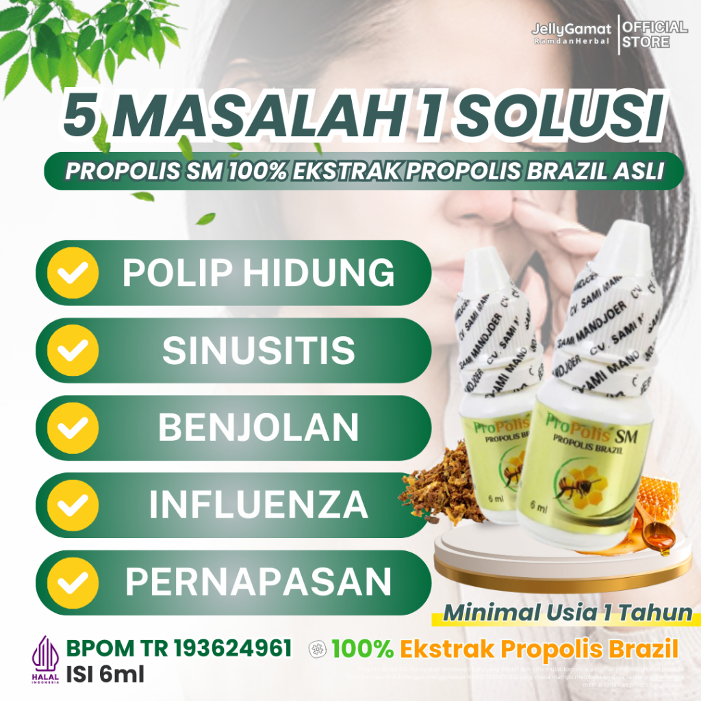 Obat Polip Hidung, Sinusitis, Hidung Tersumbat, Pilek Menahun - Obat Tetes Hidung Propolis SM - BPOM
