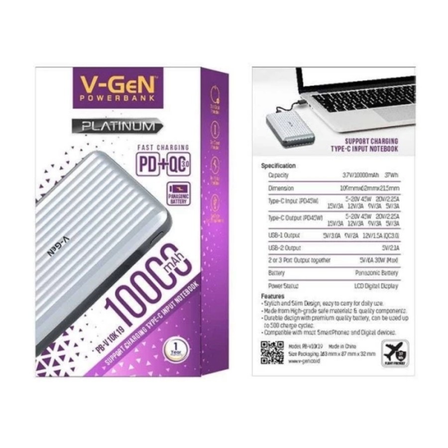 Powerbank Laptop Notebook Type C V-GEN V10K19 10000Mah Power Bank Vgen