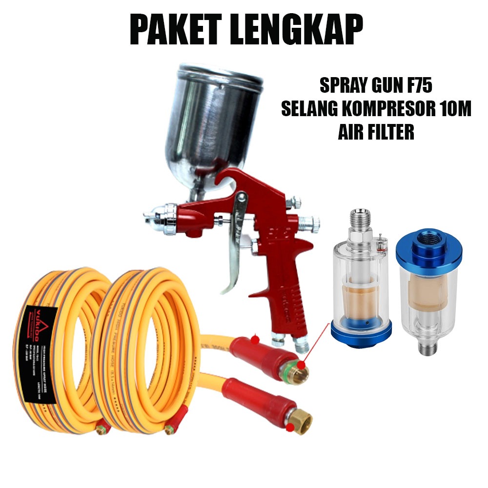 Paket Alat Semprot Cat Angin Spray Gun Spet F75G Tabung Atas 400ml Dan Selang Kompresor 10 Meter bon