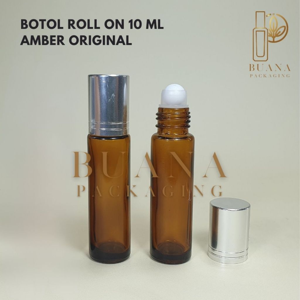 Botol Roll On 10 ml Amber Original Tutup Stainles Silver Shiny Garis Bola Plastik Putih / Botol Roll On / Botol Kaca / Parfum Roll On / Botol Parfum / Botol Parfume Refill / Roll On 8 ml