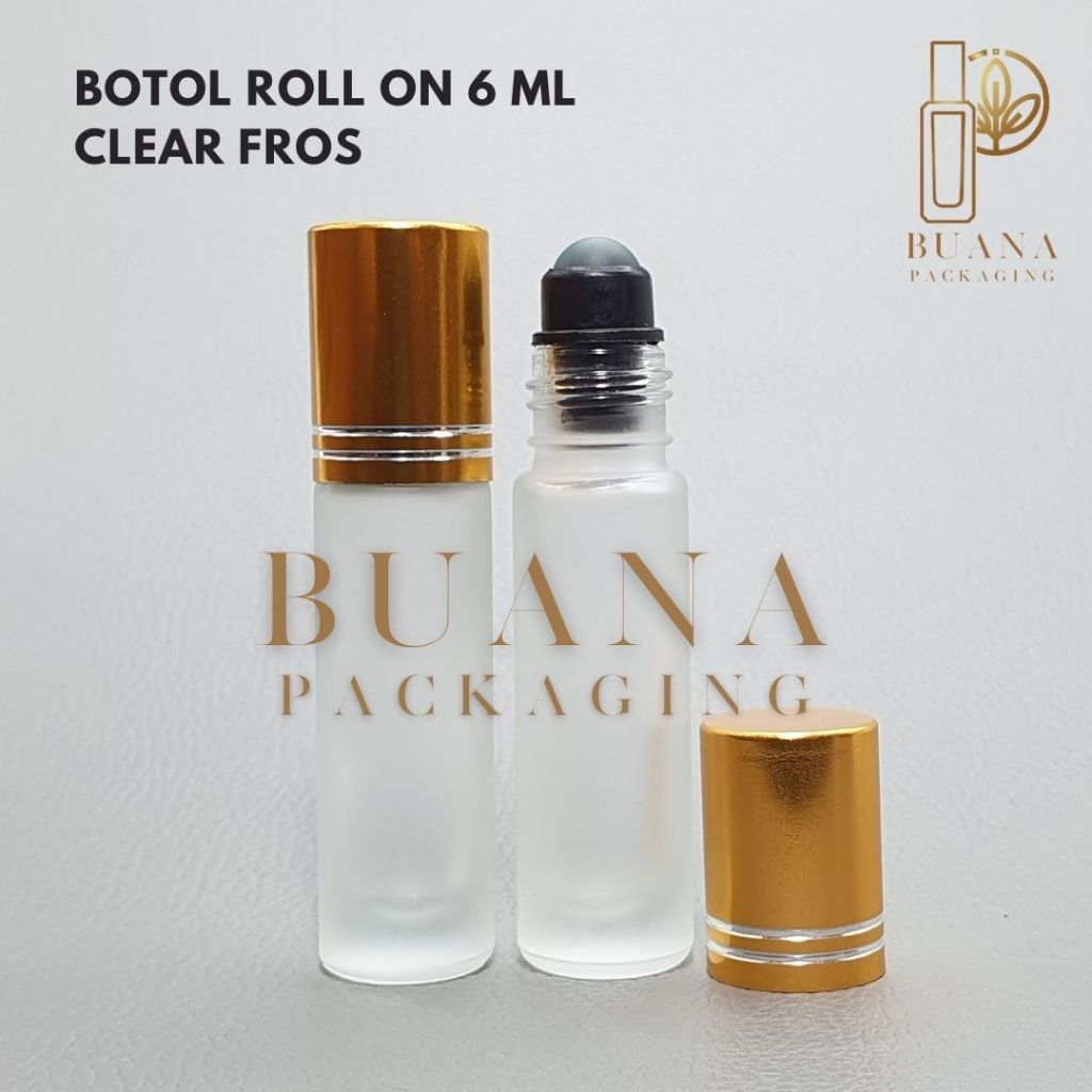 Botol Roll On 6 ml Clear Frossted Tutup Stainles Emas Shiny Garis Bola Plastik Hitam / Botol Roll On / Botol Kaca / Parfum Roll On / Botol Parfum / Botol Parfume Refill / Roll On 10 ml