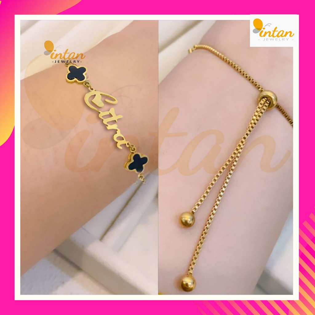 Gelang Clover Serut Nama Custom Titanium Anti Karat Lapis Emas 24 Karat Gelang Tangan Tali Rantai  S