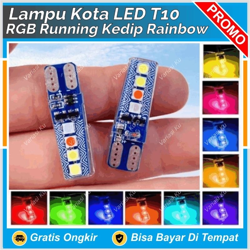 LAMPU SENJA LED KOTA RGB WARNA WARNI PELANGI T10 TANCAP RAINBOW 8 TITIK MATA PLAT NOMOR KABIN SPION 