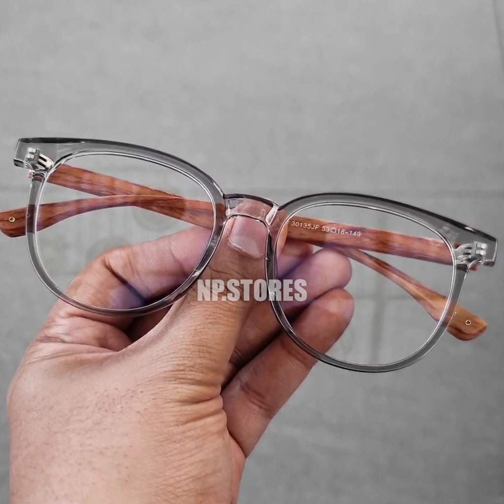 Frame Kacamata Pria Model Terbaru Frame Abu Transparan Gagang Motif Kayu Bahan Plastik Nyaman Dan Ti