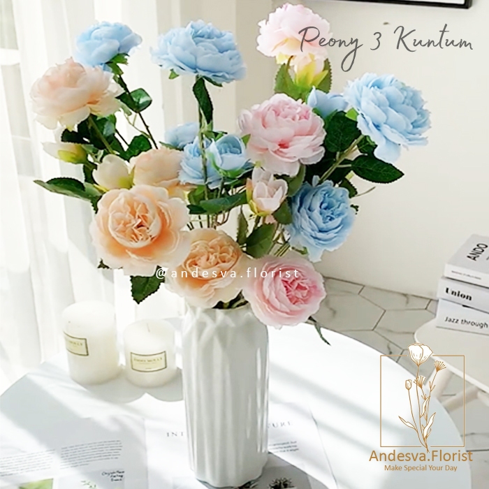 Bunga Peony 3 kuntum / Bunga Plastik Mawar / Tanaman Artificial Bunga Mawar Peony