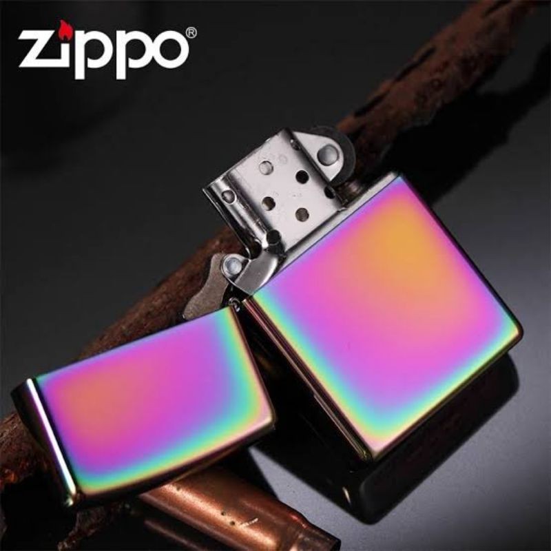 KOREK ZIPPO BERDENTING NYARING PLUS KOTAK RAINBOW, GOLD,SILVER & BLUE ICE