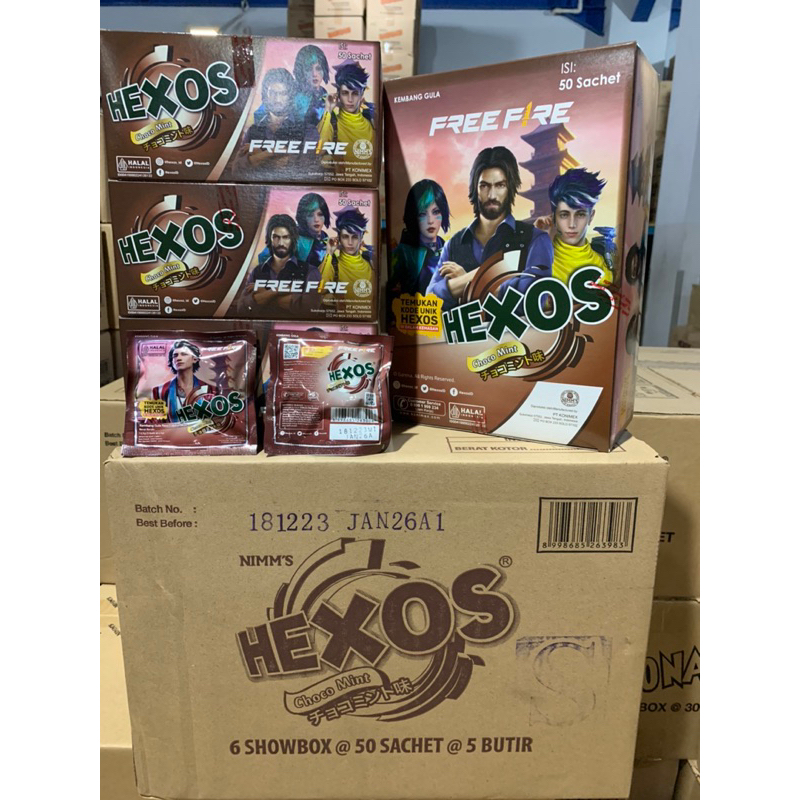 

Permen Hexos Chocomint Kemasan 1 Box isi 50 Sachet