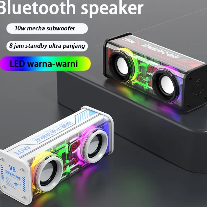 Terlaris V8 DualHorn Transparent Mech Speaker Bluetooth Soundbar RGB LED Light 36 Stereo Surround Wi
