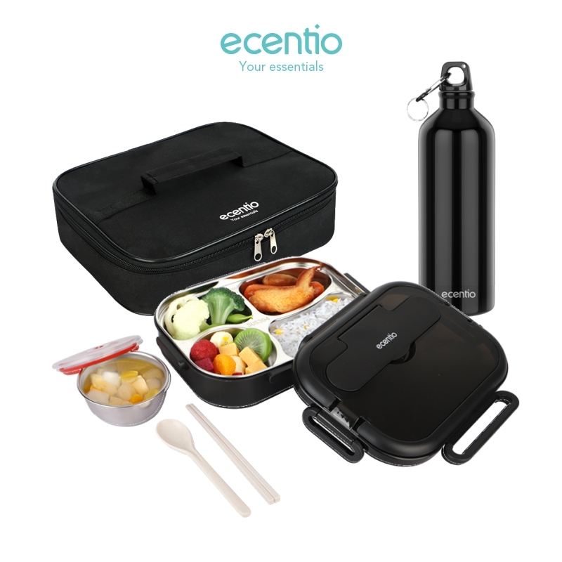 ECENTIO TEMPAT MAKAN STAINLESS 304 1000ML 4 GRID LUNCH BOX SET TAS BEKAL LUNCH COOLER BAG KOTAK