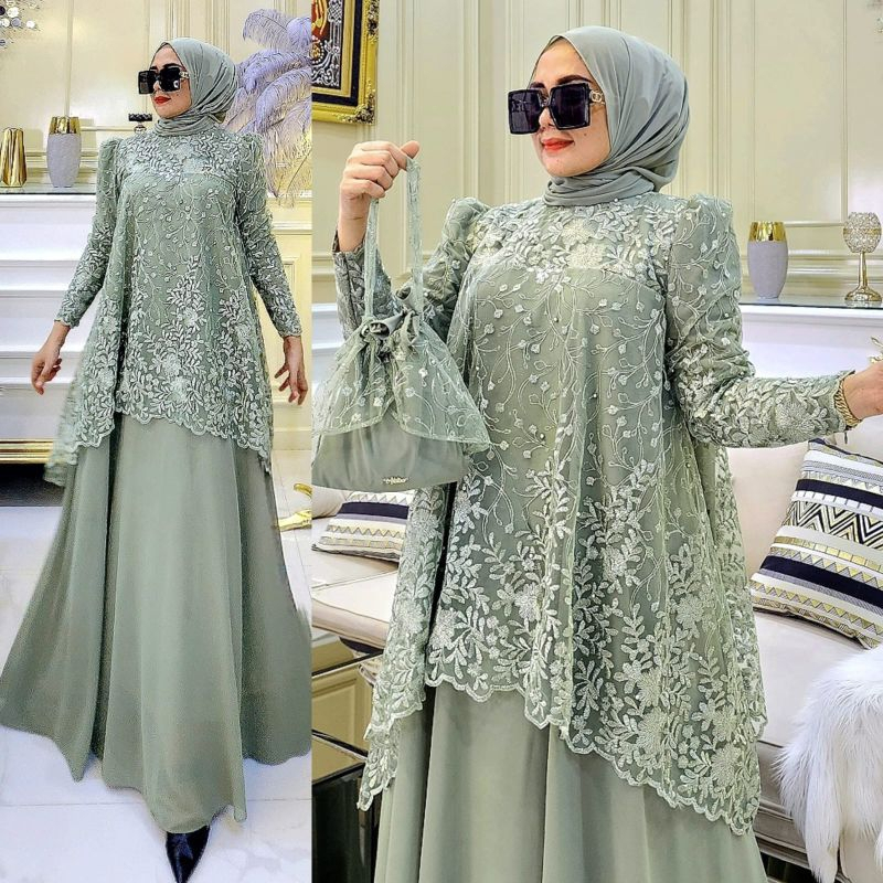 Dress Wanita Fashion Muslim Kekinian Almera Dress WD Size M L XL XXL LD 110 cm Bahan Ceruty Babydoll Mix Brukat Gamis Pesta Mewah Elegan Warna Sage Black Maroon
