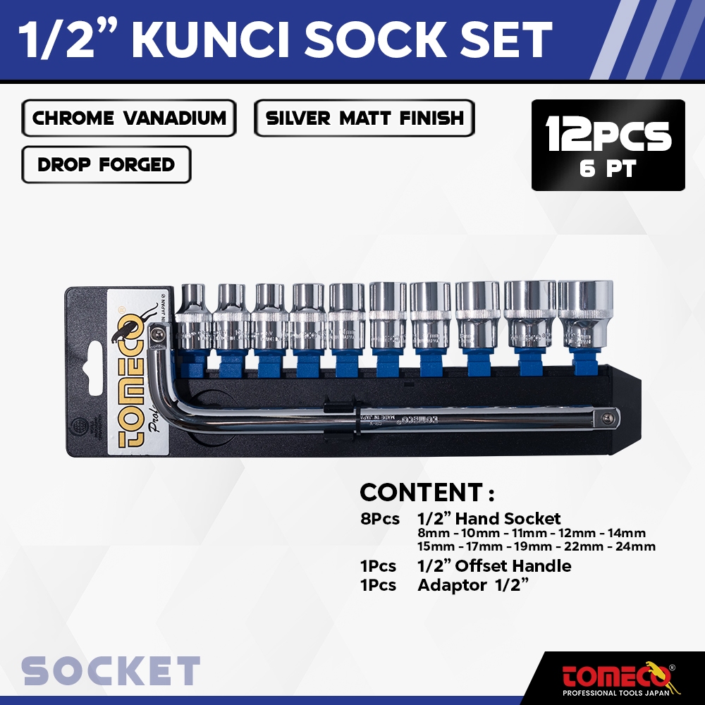 1/2" Kunci Sock Set 12Pcs (8-24mm) 6PT/12PT Tomeco Hand Socket Set