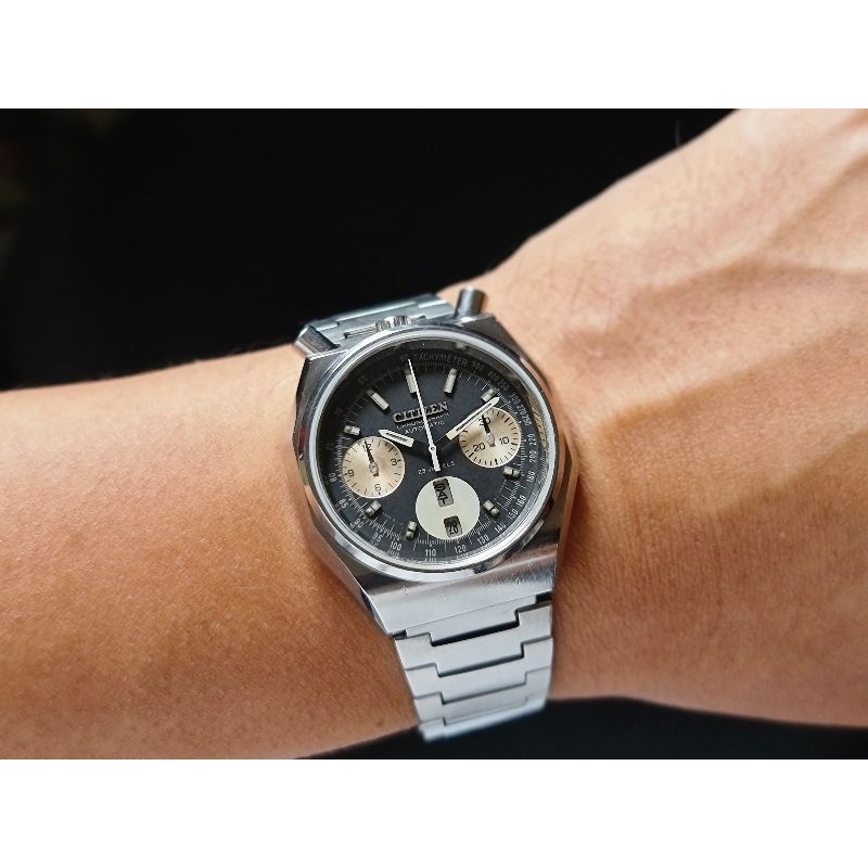 70s Vintage Citizen automatic Chronograph Bullhead Octagon reversed panda dial