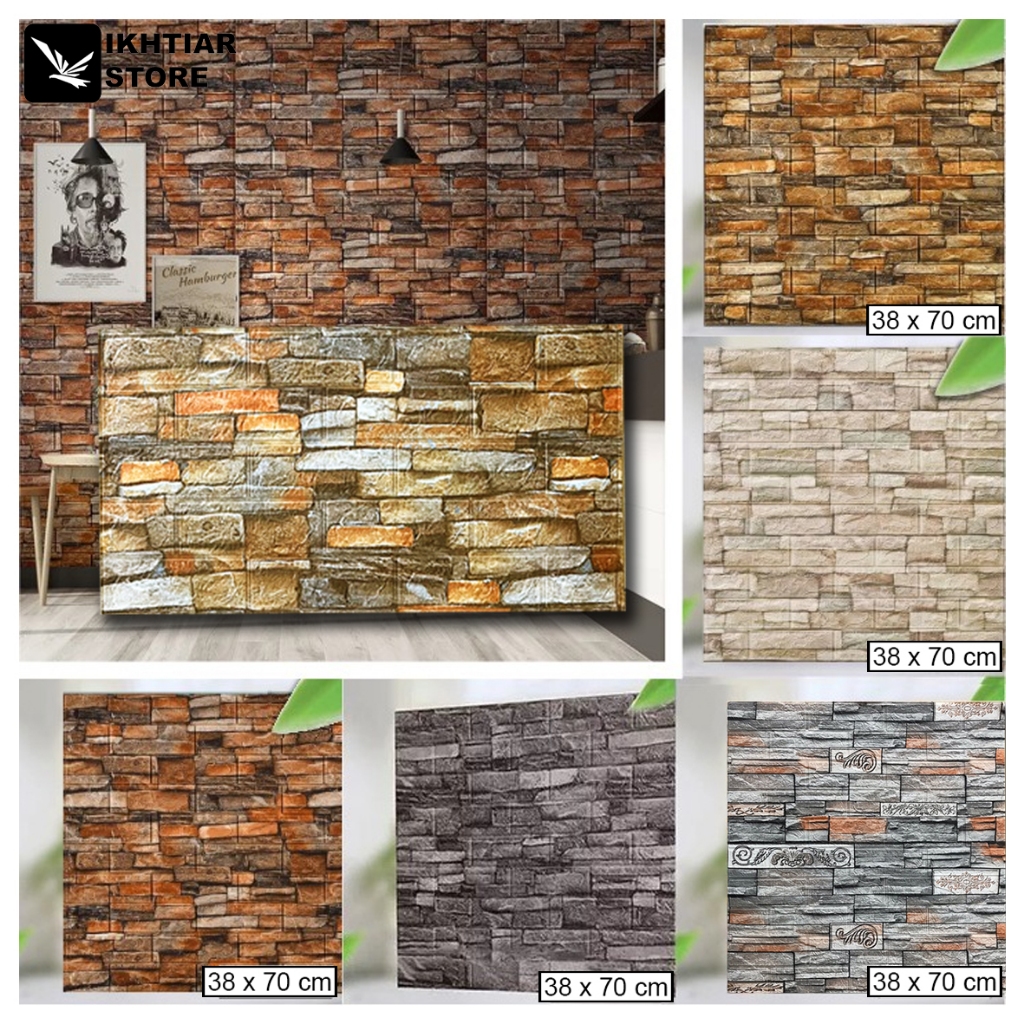 10 Lembar Wallpaper Dinding 3D Motif Corak Batu Bata 70 x 38 cm