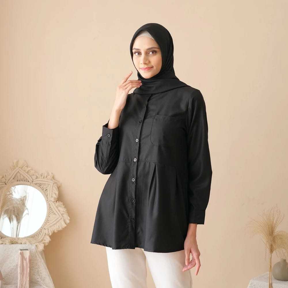 Safa Factory - Kemeja Blouse Lengan Panjang Wanita Korea Style Motif Polos Kekinian Warna Hitam
