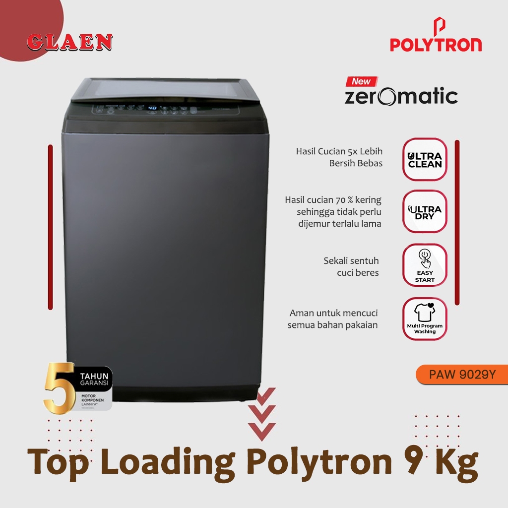 Mesin Cuci Top Loading Polytron 9 kg PAW 9029Y | Mesin Cuci Otomatis Tabung Atas Polytron