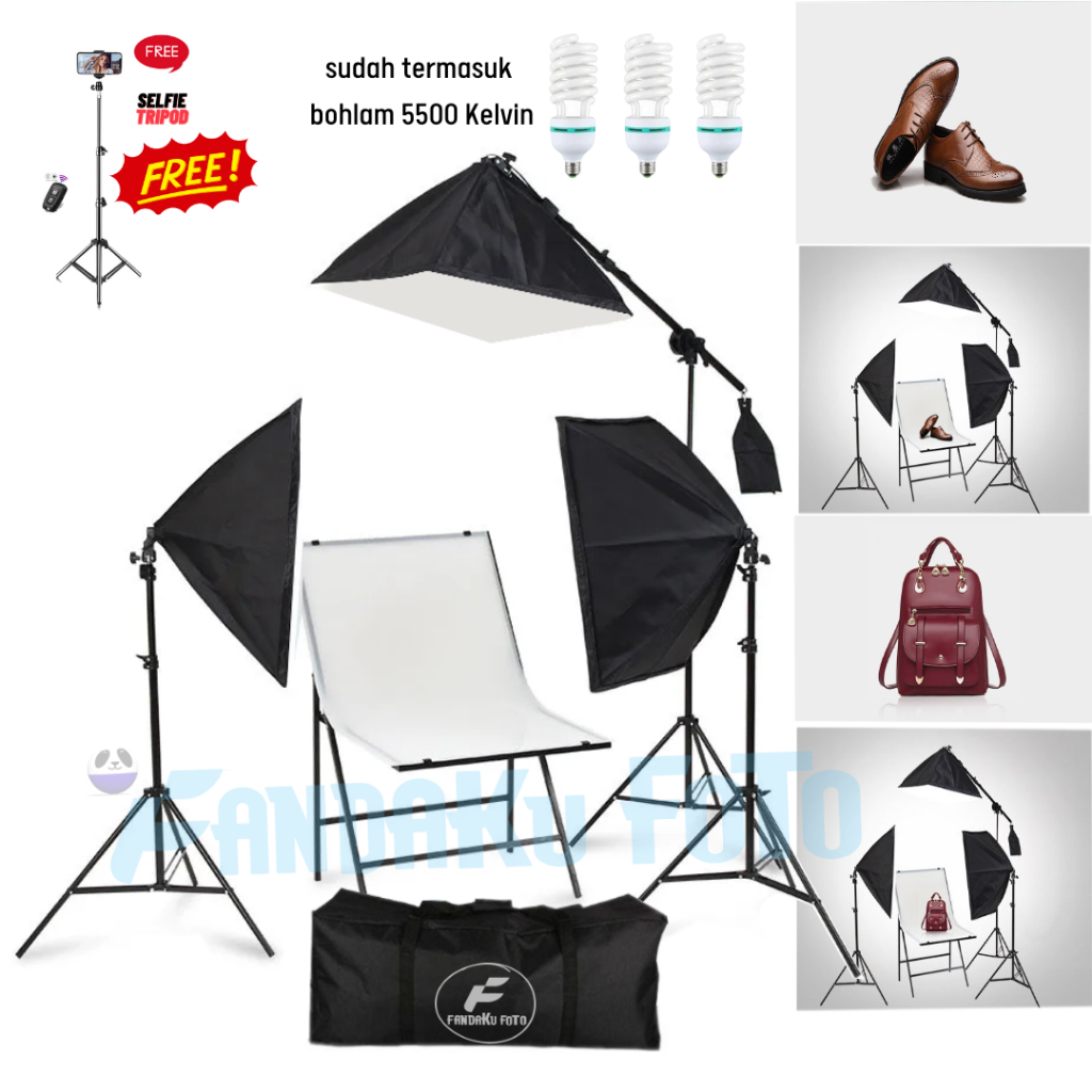 Paket set studio komplit lampu foto video produk dengan softbox lampu 5500 kelvin meja  + background