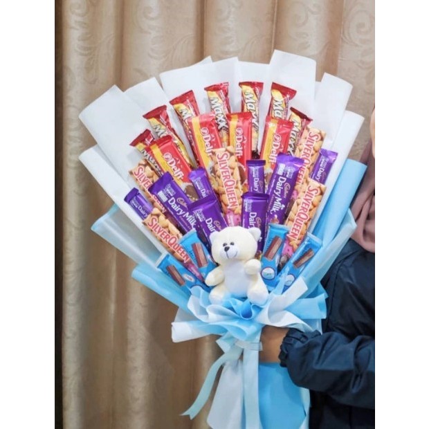 

Buket Coklat Silverqueen 58gr + Beng Beng + Dairy Milk 90gr /Buket Wisuda/Ultah/Hari Guru/Valentine