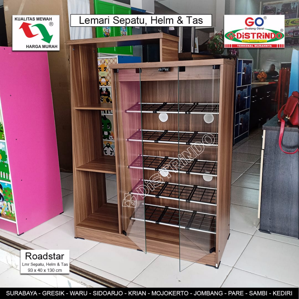 Lemari Sepatu Tas dan Helm Multi Fungsi dengan 2 Pintu Kaca Full Papan Tebal Kualitas Mewah Halus
