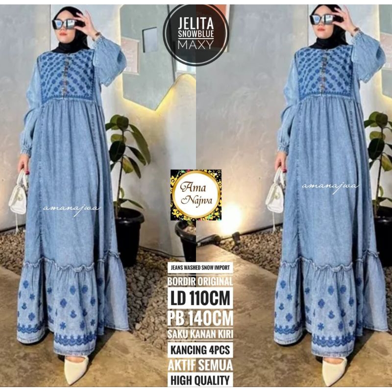 Gamis Jeans Washed Snow Import | Gamis Jenas Bordir Murah