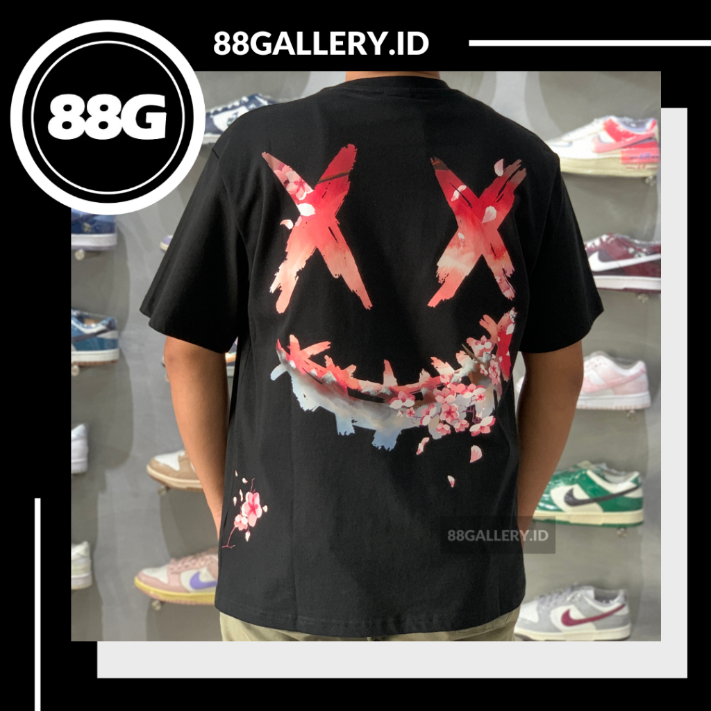 RIC Ricky is Clown Red Sakura Petal Smiley Black Tee
