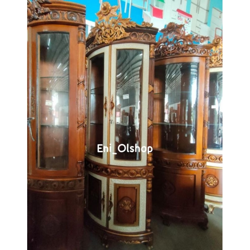 LEMARI SUDUT 2 PINTU, BAHAN KAYU JATI JEPARA DISEMPROT GOLD, LEMARI SUDUT UKIR MAHKOTA, PUTIH