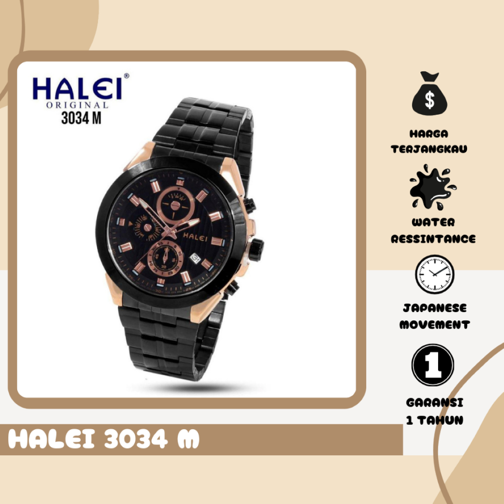 Halei.Watch 3034 M - Jam Tangan Pria Rantai Stainless Steel Analog - Tahan Air dan Garansi 1 Tahun