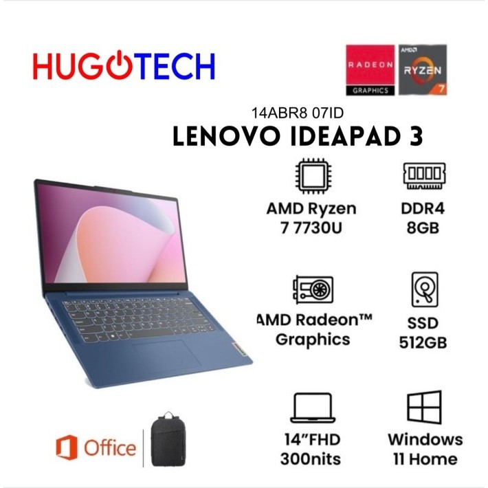 LENOVO IDEAPAD 3 14ABR8 R7-7730U 8GB 512GB SSD FHD IPS WIN11 OHS